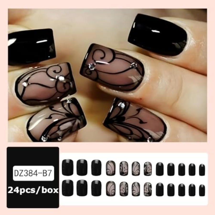 Full Cover Adhesive - Kurze, quadratische Press-On-Nägel, Nude-Basis, schwarze Spitze